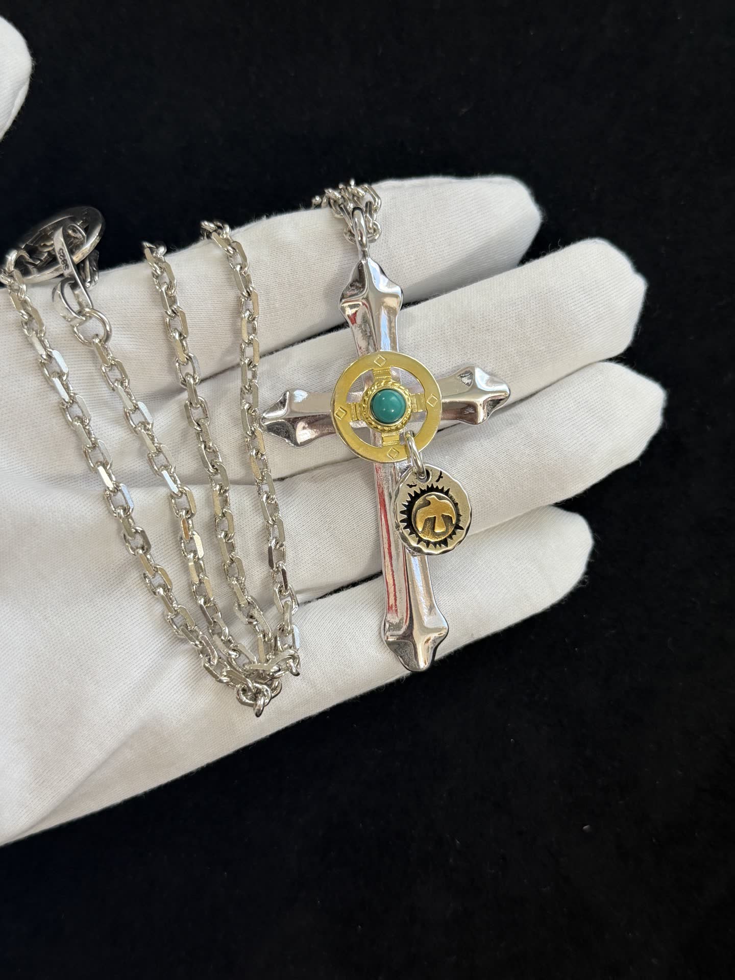 Chrome Hearts Silver Cross Pendant with Turquoise and Gold Accents